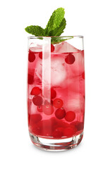 Tasty cranberry cocktail with ice cubes and mint in glass isolated on white