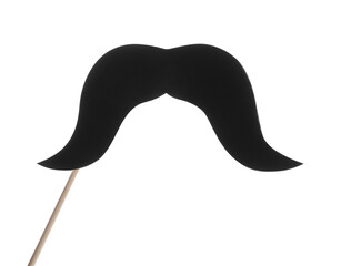 Fake paper mustache on stick against white background