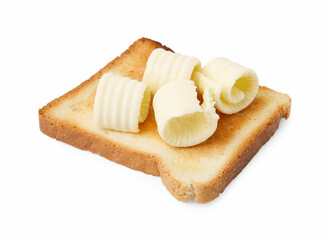 Tasty butter curls and toast isolated on white