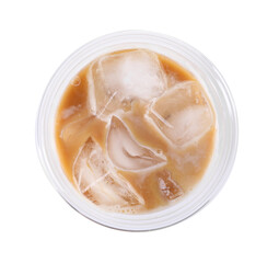 Plastic cup of fresh iced coffee isolated on white, top view