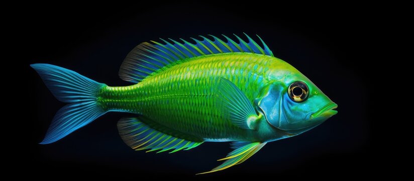 recommend clip art: Vibrant Green Fish in Aquatic Elegance Against a Dark Background