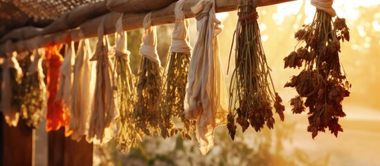 Rustic Charm: Collection of Aromatic Dried Herbs Hanging on Weathered Wooden Fence