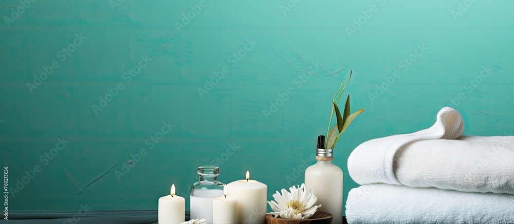 Sticker Tranquil White Towel Setting with Glowing Candles on Minimalist Table