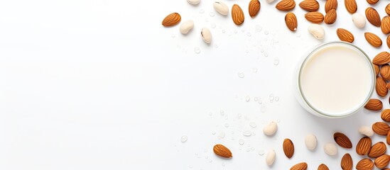 Obraz premium Healthy Breakfast Concept: Fresh Almonds and Almond Milk on a Clean White Background
