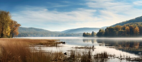Serene Lake Scene with Majestic Trees Silhouetted Against a Vibrant Sky at Sunset
