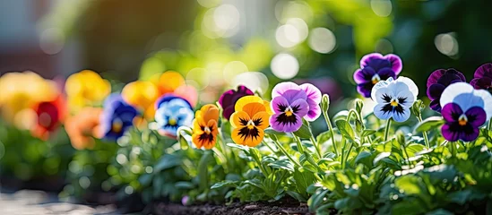 Fotobehang Vibrant Pansy Flowers Glistening in Sunlight, Creating a Colorful Garden Tapestry © Ilgun
