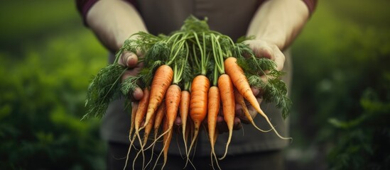 Harvesting Fresh Organic Carrots: A person's hands holding ripe vegetables on a sunny farm - obrazy, fototapety, plakaty