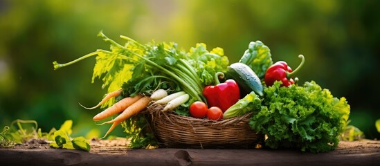 Fresh Organic Harvest: Vibrant Basket of Colorful Vegetables on a Rustic Wooden Table - obrazy, fototapety, plakaty