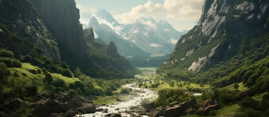 Scenic River Flowing Through Majestic Mountain Range with Lush Greenery - obrazy, fototapety, plakaty
