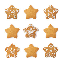 Tasty star shaped Christmas cookies isolated on white, top view