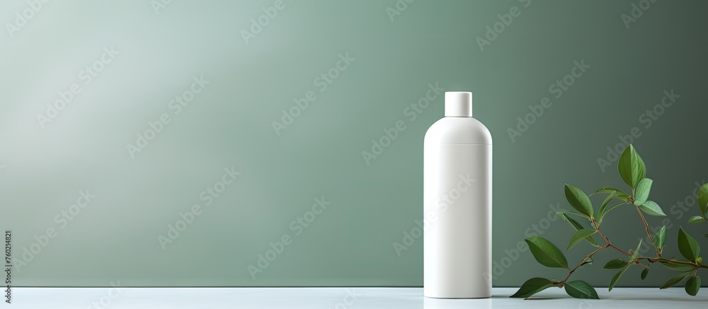 Canvas Prints Botanical Charm: A Stylish Bottle of Sham Resting Near a Lush Plant on a White Table