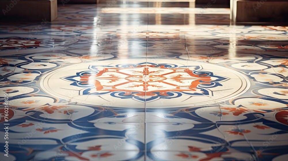 Sticker Vibrant Blue and Orange Patterned Tiled Floor in Mediterranean Style Setting