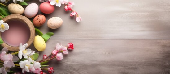 Vibrant Easter Eggs and Colorful Flowers Adorn Rustic Wooden Background