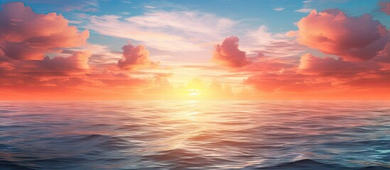Naklejka na ściany i meble Breathtaking View of Vibrant Sunset Setting on the Serene Ocean Horizon
