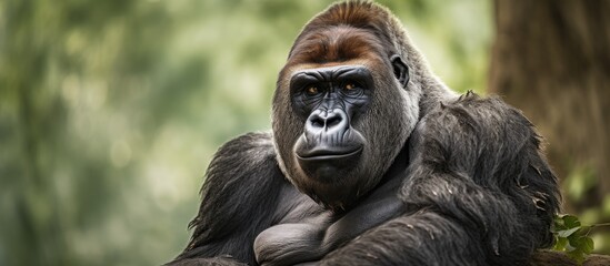 Fototapeta na wymiar Majestic Gorilla Rests Serenely on Mossy Rock in Lush Forest Habitat