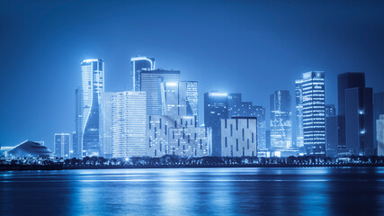 Futuristic City Skyline in Blue Monochrome