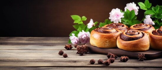 Fototapeta premium Delicious Cinnamon Buns Sprinkled with Cinnamon on Rustic Wooden Table