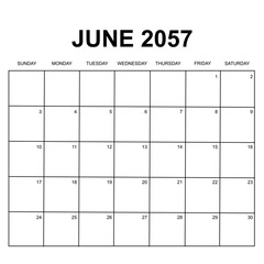 june 2057. monthly calendar design. week starts on sunday. printable, simple, and clean vector design isolated on white background.
