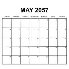 may 2057. monthly calendar design. week starts on sunday. printable, simple, and clean vector design isolated on white background.