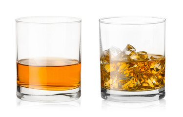 Whiskey in glasses isolated on white. One cool with ice