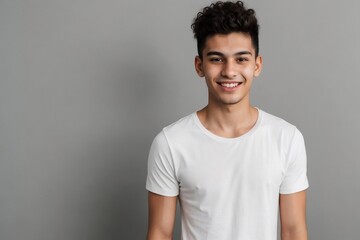 Young Brazilian man in a white shirt, smiling and looking at the camera, standing on a grey background with copy space.