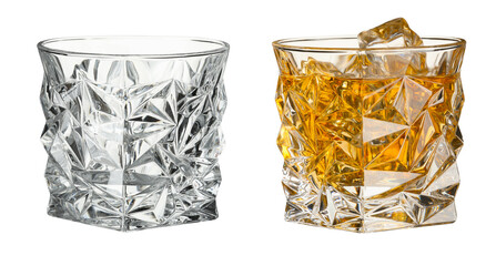 Glass of whiskey with ice cubes and empty one isolated on white. Collage design
