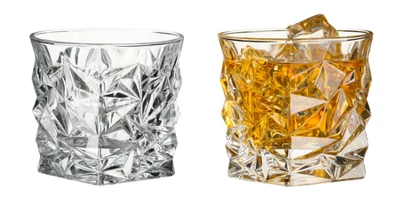 Tuinposter Glass of whiskey with ice cubes and empty one isolated on white. Collage design © New Africa