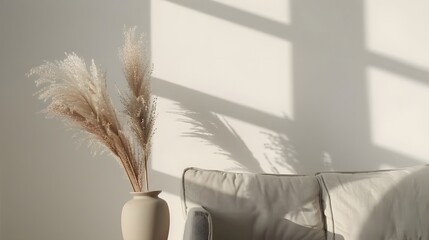 Pampas grass in decorative ceramic vase on table near gray sofa and white wall. Interior design of modern living room. Background with space for text.
