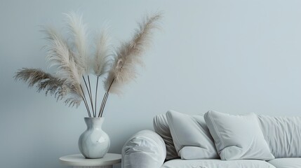 Pampas grass in decorative ceramic vase on table near gray sofa and white wall. Interior design of...