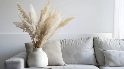 Pampas grass in decorative ceramic vase on table near gray sofa and white wall. Interior design of modern living room. Background with space for text.
 - obrazy, fototapety, plakaty