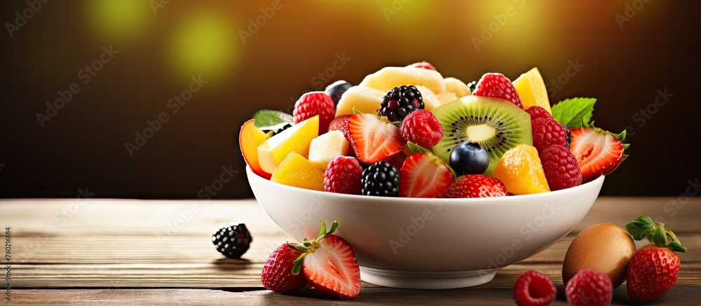 Wall mural Fresh and Colorful Fruit Bowl Adorned on a Rustic Wooden Table Setting