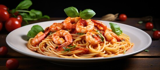 Delicious Plate of Pasta Infused with Juicy Shrimp and Fresh Tomatoes
