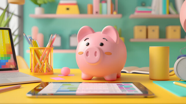 Piggy Bank and Digital Tools on a Desk, save money concept, investment, fund
