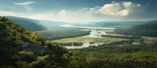 Fotobehang Serene Valley Landscape with Majestic River Flowing Through Tranquil Nature Scene © Ilgun