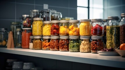 A Variety of Colorful Preserved Foods Organized on Rustic Wooden Shelves