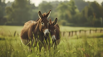 A brown donkey couple cuddeling together on a green field on a German farm - obrazy, fototapety, plakaty