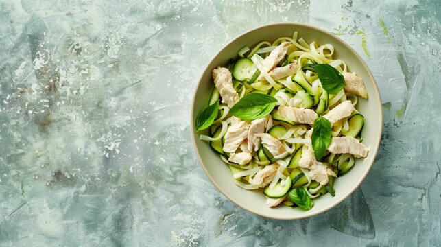 A minimalist and appetizing image of zucchini and chicken noodles for a baby food recipe, against a clean and simple background. The dish, highlighting tender chicken pieces and soft, sliced zucchini 