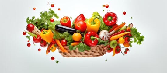 Vibrant Vegetable Feast: Fresh produce assortment flying out of wicker basket