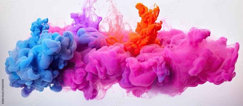 Poster vibrant colorful ink swirling in water creating abstract patterns on white background