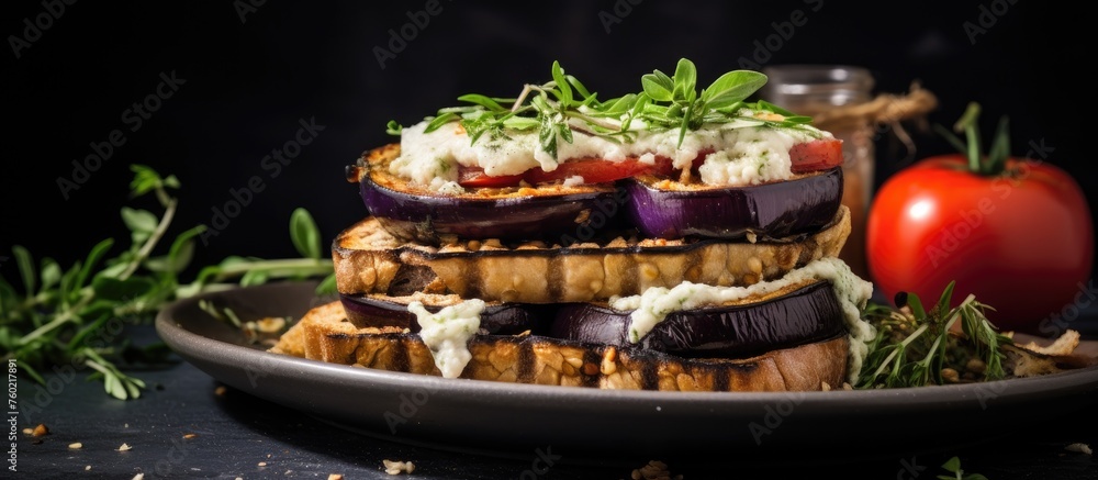 Sticker Sizzling Grilled Eggplants Served Among Roasted Vegetables on a Rustic Wooden Table