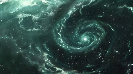 Background illustration concept art of a green spiral galactic nebula in space, beautiful stars at...