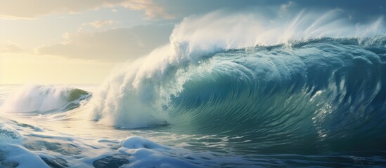 Majestic Giant Wave Crashing in the Turquoise Ocean Showing Power and Strength