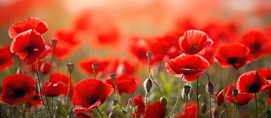 Obraz premium Vivid Blooming Red Poppy Flowers Basking in the Warm Sunlight of Summer Fields