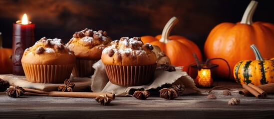Homemade Autumn Delight: Spiced Pumpkin Muffins Freshly Baked on Rustic Wood Table