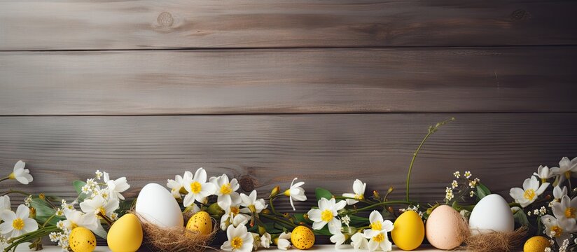 Vibrant Easter Table Setting with Decorative Eggs, Bunny Figurines, and Colorful Flowers