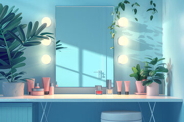 Modern Bathroom Scene with Makeup and Plants in Anime Style