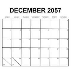 december 2057. monthly calendar design. week starts on sunday. printable, simple, and clean vector design isolated on white background.