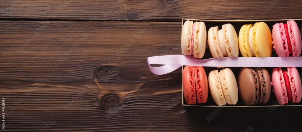 Poster vibrant and colorful macarons displayed in neat rows on a elegant white table