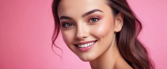 Bright pink background Portrait of smiling beautiful woman smooth clean face glowing skin youth skin care ad concept from Generative AI