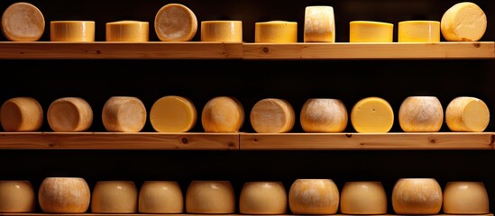 Variety of Gourmet Cheeses Displayed on Rustic Wooden Shelf